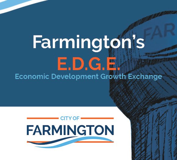 Blue sketched Farmington water tower is displayed on the right of the image. The center reads Farmington's EDGE, Economic Development and Growth Exchange.