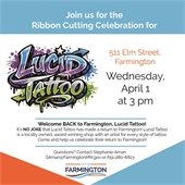 Ribbon cutting invitation for Trinity Health Care. Set on a white background with orange and blue triangle stripes. Lucid Tattoo's logo is lime green and vibrant purple