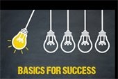 five lightbulbs swinging with one lit as yellow on the left, the rest are clear with wording that says "Basics for success"