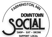 White background with a pink blush around the word social; downtown social logo is words with a partial circle around this mostly black and white logo; shop, eat, drink, support local 