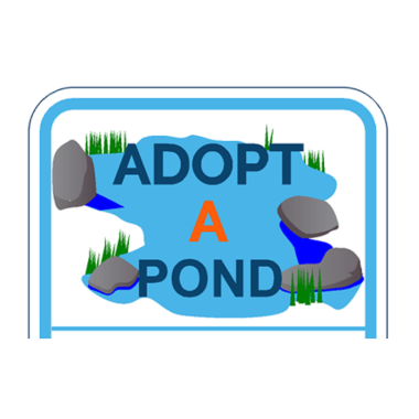 Adopt-a-Pond top of sign design illustration with a pond, rocks and grass