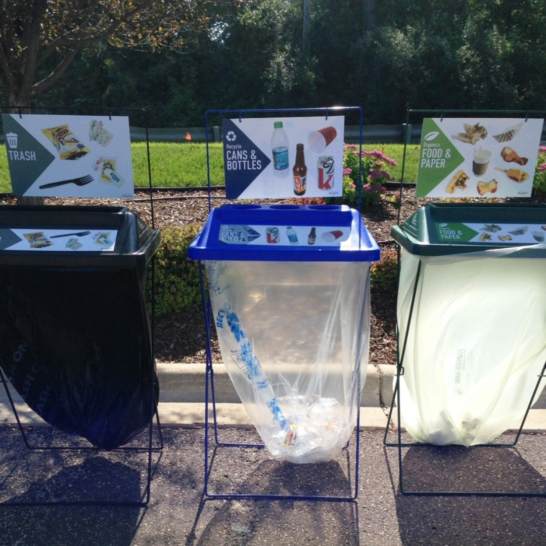 x-Frame set of trash, recycling, and food scrap collectors with labels and bags