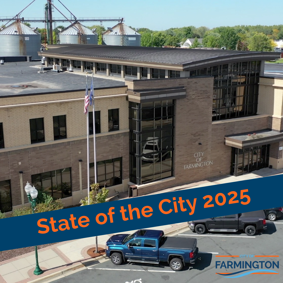 State of the City 2025 text on a diagonal stripe with an image of city hall behind it