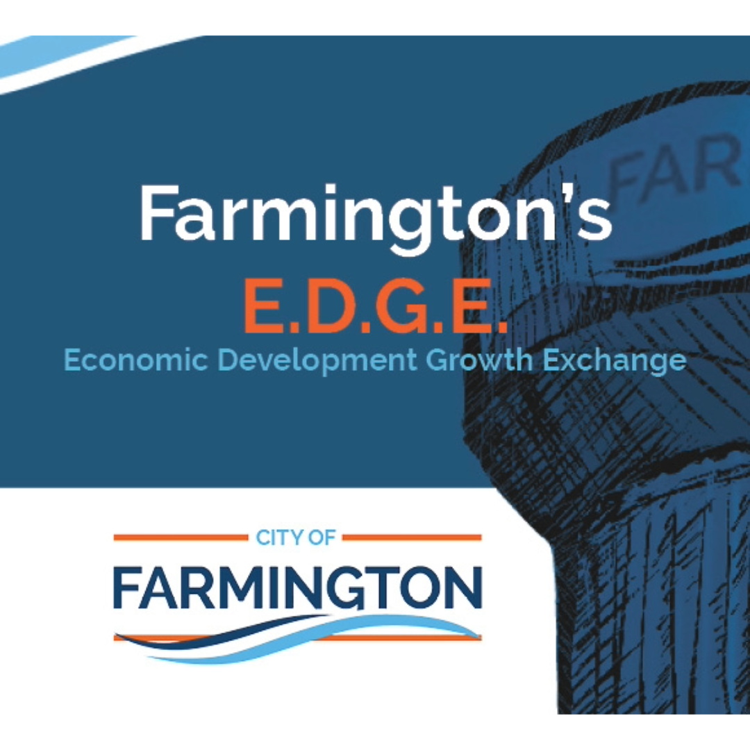 Farmington EDGE newsletter header with illustration of water tower and City of Farmington logo