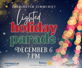Lighted Holiday Parade Sat, Dec. 6 at 7 pm with Rotary, Homestead and city logos and blurred lights