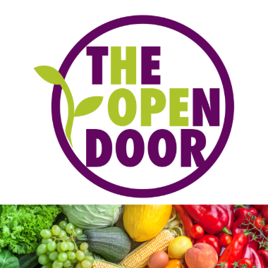 The Open Door logo with a colorful variety of fruits and vegetables at the bottom