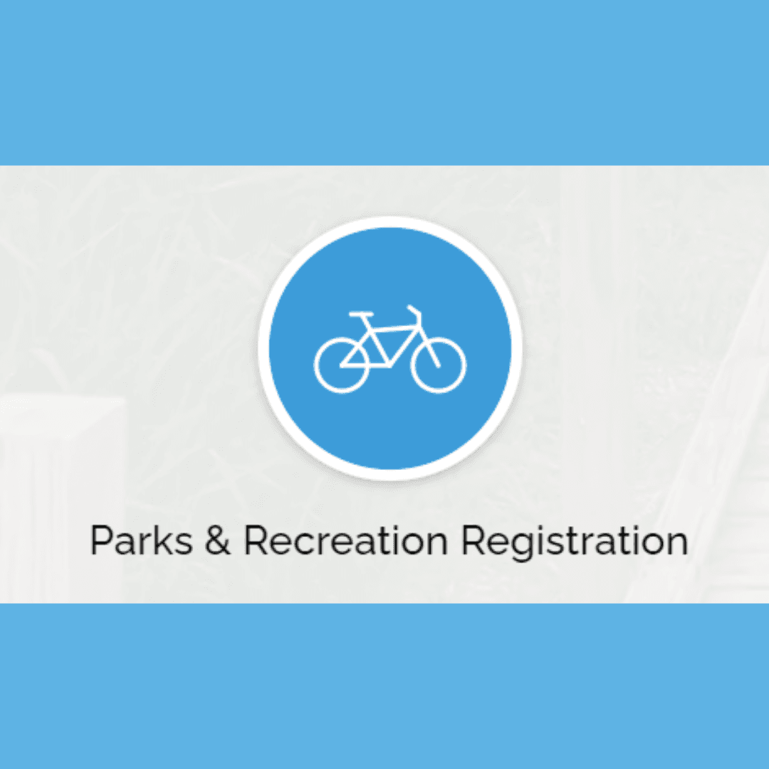 Parks and Recreation Registration button light blue circle with white bicycle icon in it
