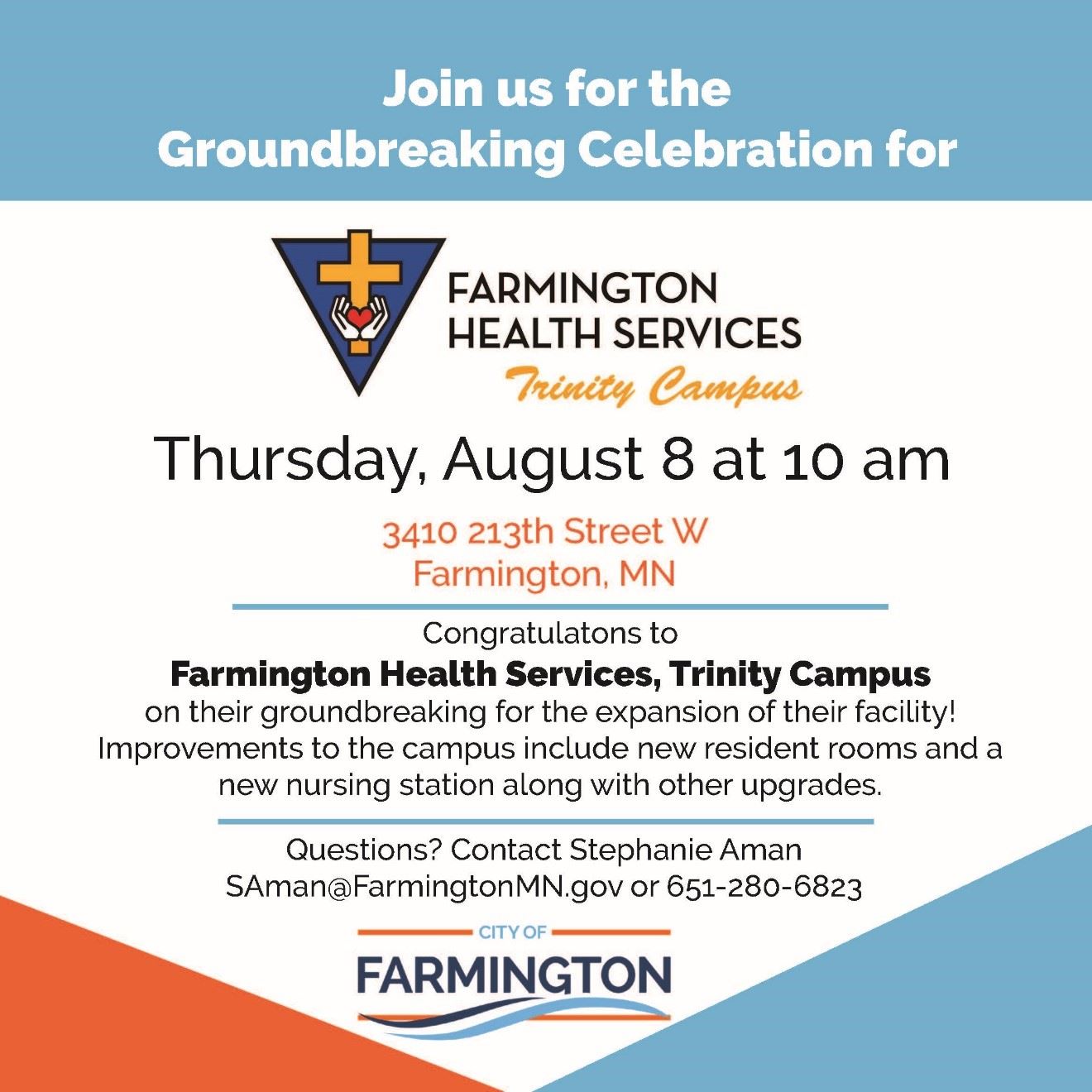 Invitation to Trinity Groundbreaking celebration Thursday, Aug. 8 at 10 am 