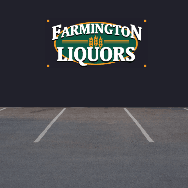 Farmington Liquors logo with an image of a parking lot on the bottom