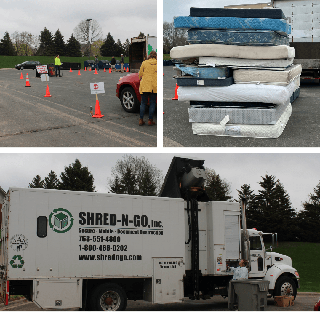 Mattress Shred event with images of mattresses the shred truck and cones to drive through the drop
